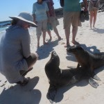 Stacey making friends with the sea-lions