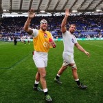James Haskell and Chris Robshaw applaud the crowed after the match