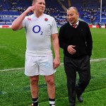 Head Coach Eddie Jones talks with Dylan Hartley Captain after the win against Italy.  9 - 40 to England